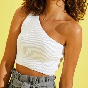 White one shoulder ribbed knit top